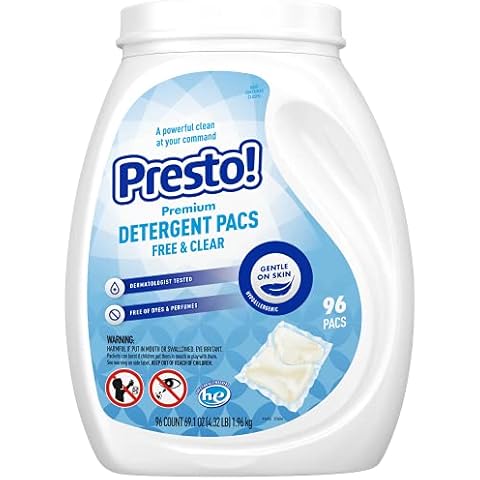 Amazon Brand - Presto! Laundry Detergent Pacs, Hypoallergenic, Free & Clear, 96 Count Cover