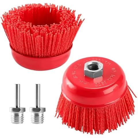 POLIWELL 4 Inch Nylon Filament Brush 2 Pack, 4” Abrasive Bristle Cup Brush Set 5/8"-11 Thread, 1/4" Arbor Max 8500 RPM for Variable Speed Angle Grinder, Polisher and Drill, Prep Surfaces for Bed Liner Cover
