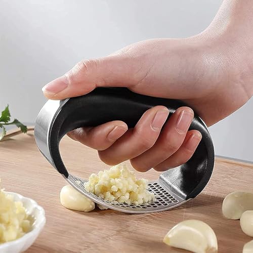 Image of Stainless Steel Garlic Press Rocker - Manual Crusher Masher with Peeling Drum, Portable Kitchen Tool (Black)