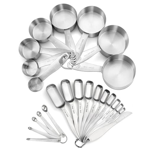 Measuring Cups and Spoons Set of 24 Piece in 18/8 Stainless Steel, Heavy Duty 8 Measuring Cups, 10 Measuring Spoons, 1 Leveler & 5 Mini Measuring Spoons Ideal for Dry and Liquid Ingredients