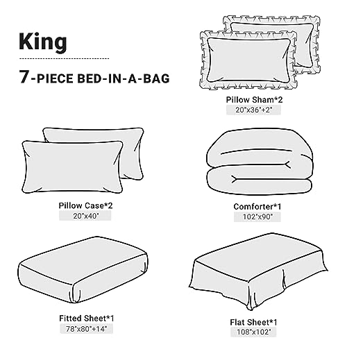 JOLLYVOGUE King Size Comforter Set 7 Pieces, Black Bed in a Bag Comforter Set for Bedroom, Beddding Sets with Comforter, Sheets,Ruffled Shams & Pillowcases