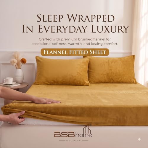 Image of BSB HOME 280 GSM Warm Plush Fitted Bedsheet, Soft Cozy Stretchable Mattress Sheet with Elastic Fitted Corners, Comfortable Winter Bedding for Double Bed, 72 x 78 + 8 Inches(183x198+20 cm) - Warm Camel