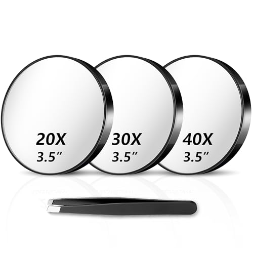 Haikopoon Magnifying Mirror 20X&30X&40X 3Packs with Tweezer and Suction Cups Set 3.5 Inches Compact Travel Magnified Mirror-Black