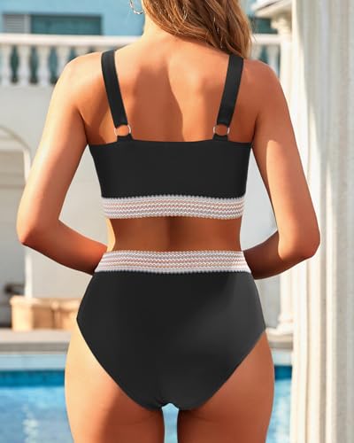 Yonique Women's High Waisted Bikini - Twist Front Two Piece Swimsuit Color Block Full Coverage Bathing Suit2