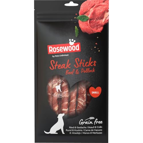 Rosewood Palitos de Carne de Res y abadejo – Bocadillos masticables de Piel de Vacuno para Perros – Apoya el Cuidado Dental – Sin Cereales ni Gluten – Sin aditivos Artificiales – 90 g
