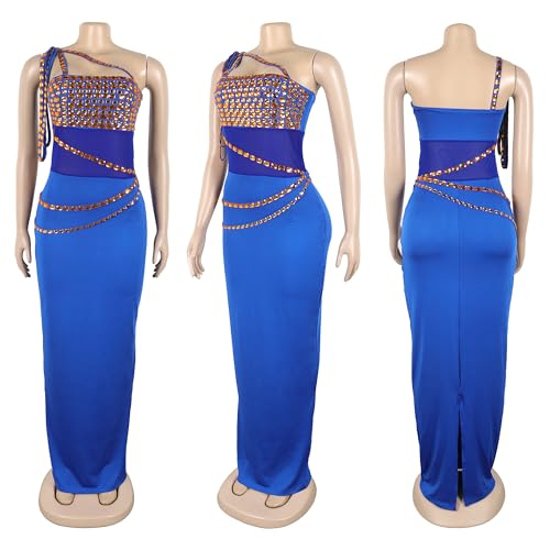 Image of Jigfar Women Sexy Elegant Rhinestone Mesh See Through Party Club Night Split Bodycon Formal Maxi Dress