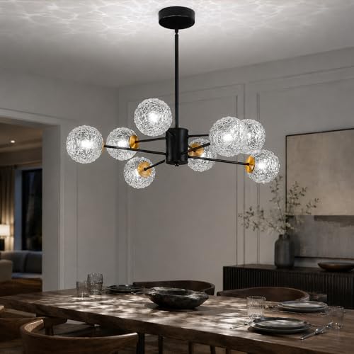Image of Sputnik Chandeliers with Glass Shades,Modern 8 Light Chandelier for dinging Room, Black G9 Pendant Lighting Fixture,Mid Century Hanging Ceiling Light for Kitchen Island,Living Room