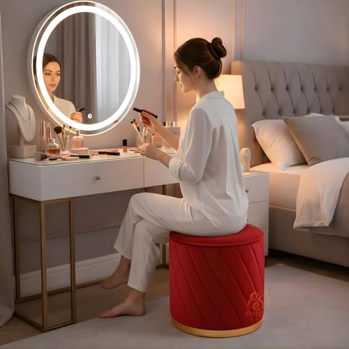 Image of Luxury Round Velvet Ottoman Stool with Gold Base - Modern Upholstered Footrest Pouffe, Tufted Vanity Seat, Living Room Bedroom Dressing Stool (Red)