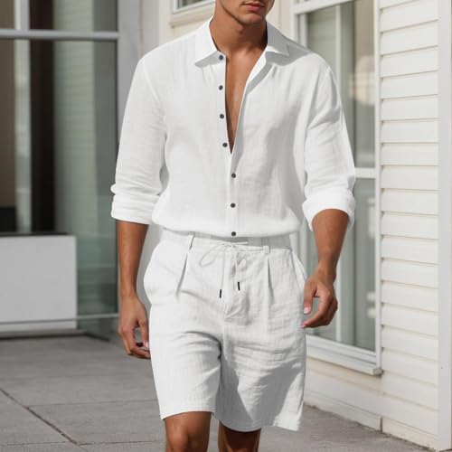 Men Linen Sets Outfits 2 Piece Shorts Loose Button Down Shirts Short Sleeve And Shorts Texture Summer Beach Outfits2