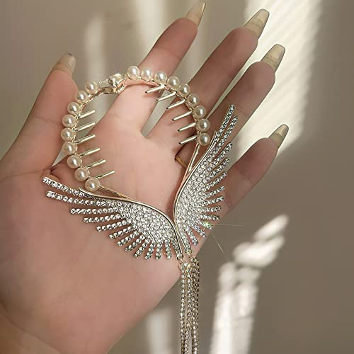 FRCOLOR Gold Hair Accessories Rhinestone Ponytail Buckle Hairpin 2pcs Pearl Hair Claw Clips with Tassel Angel Wings Bun Cover Glitter Diamond Ponytail Holder for Thick Hair Pearl Hair Clip - Image 4