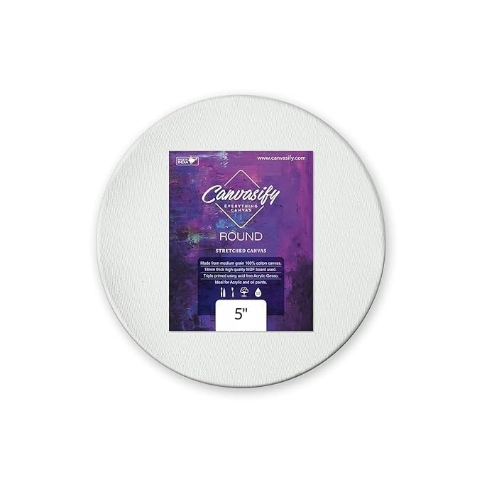 Image of Round Stretched Canvas Board 100% Cotton, Primed - MDF Backed Circle Panel for Acrylic, Oil & Watercolor Painting (5 inch Pack of 4)