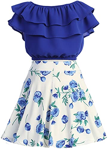 Image of Cold Shoulder Crop Top Ruffle Layered Top Flower Girl Skirt Sets for Girl