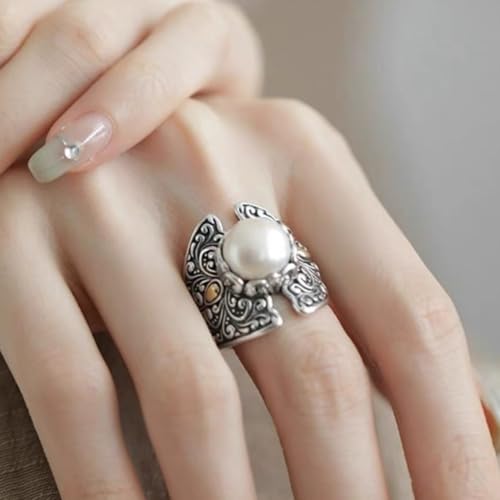 OIDIMS Vintage Pearl Wide Statement Ring for Women Oxidized Silver Plated Boho Open Wedding Band Wrap Expandable Finger Rings Comfort Fit Fashion Bohemian Ethnic Fashion Jewelry Size 73