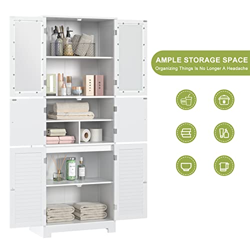 Hostack 67” Tall Bathroom Storage Cabinet, Kitchen Pantry Cabinet With Glass Doors And Shelves, Freestanding Floor Cabinet Cupboard For Bathroom, Living Room, Home Office, White #TOP4