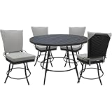Pemberly Row 5-Piece Patio Dining Set, 42 in Round Table, Powder-Coated Gray Aluminum Frame, Armless Swivel Chairs with Removable Cushions, White Linen & Gray Finish, Indoor/Outdoor Use