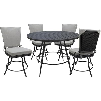 Pemberly Row 5-Piece Patio Dining Set, 42 in Round Table, Powder-Coated Gray Aluminum Frame, Armless Swivel Chairs with Removable Cushions, White Linen & Gray Finish, Indoor/Outdoor Use