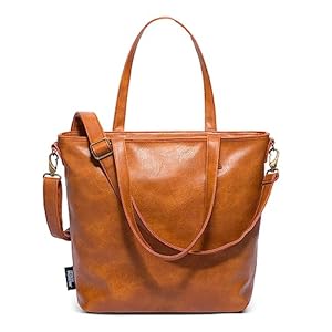 Simple Modern Vegan Leather Tote Bag for Women | Large Work Laptop Tote Bags with Zipper Top for Travel, School, Teacher | Shoulder Bag with Crossbody Strap and Pockets | 22″ Brown