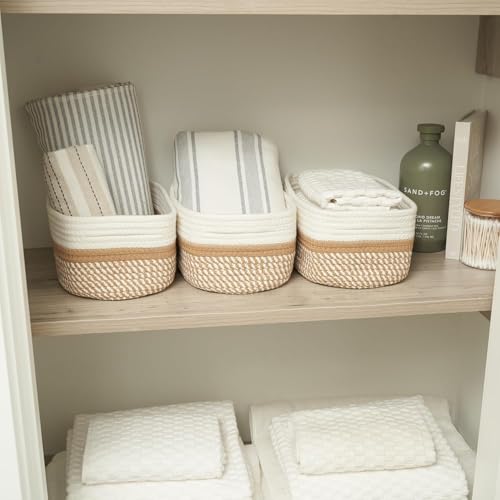 Image of 100% Natural Jute small box mini rope paper storage Round hamper baby nursery tray bucket for Living Kitchen, Office, Drawing Room,fruits, kitchen, office, Set of 3 (white beige 3 set)