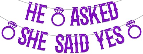 He Asked She Said Yes Banner,Wedding Engagement Party Decoration,Wedding Proposal Bridal Shower Bachelorette Party Supplies Purple Glitter