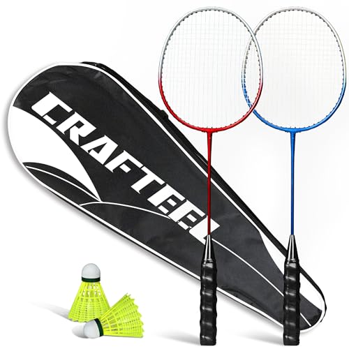 Crafteel Federball Set, Badminton Set 2 Schläger Badmintonschläger 2 Federbälle und Tragetasche im Lieferumfang