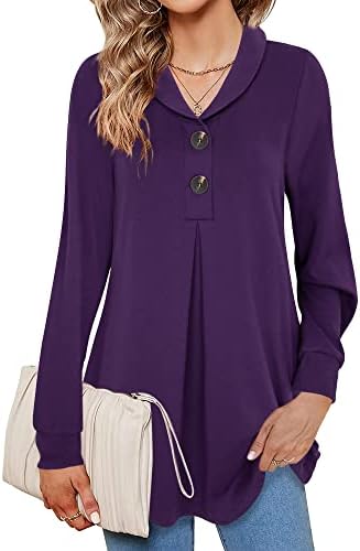 Vivilli Long Sleeve Tunic Tops for Women Ladies Lapel Collar V Neck Button Sweatshirts Fall Winter Fashion A-Line Pullover Dressy Casual Sweater Maternity Shirts Wear with Leggings Purple XX-Large