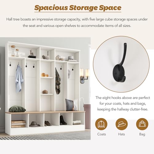Image of Merax 66.9 inch Wide Hall Tree with Storage Bench, Shoe Cabinet with Cube, & Shelves, Coat Rack with 8 Hooks for Entryways