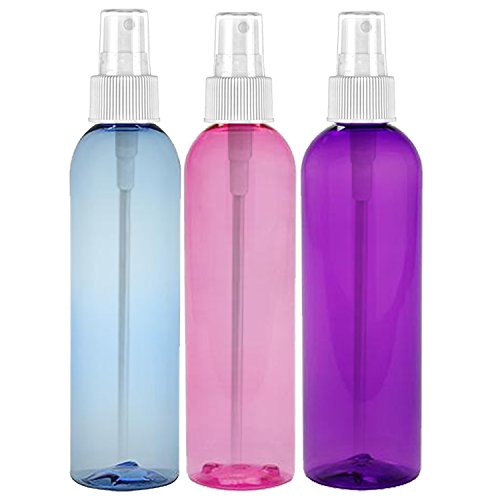 MoYo Natural Labs 8 oz Spray Bottles, Fine Mist Empty Travel Containers, BPA Free PET Plastic for Essential Oils and Liquids/Cosmetics (3 pack, Candy Pink, Light Blue, Purple)