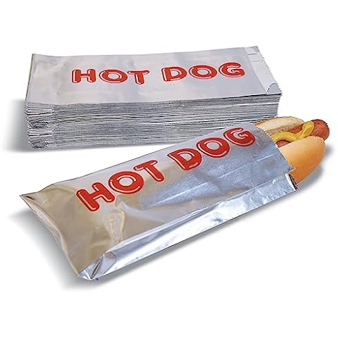 Better Kitchen Products Foil Hot Dog Wrappers, 9" x 3.7", Insulated Grease Resistant Hot Bag Sleeves, Disposable Foil Paper Hot Dog Bags (100 Pack) Cover