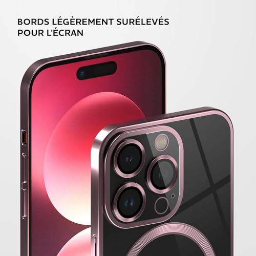 Coque iPhone 14 Pro anti rayure caméra protection MagSafe rose transparente