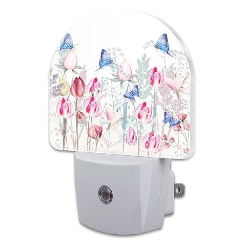 Image of Pink Tulip Flowers and Butterflies Night Light Plug into Wall,Watercolor Spring Floral Dusk to Dawn Night Light Plug in,0.5w Energy Saving Sleep Friendly NightLight for Kids Boys Girls Home Decor