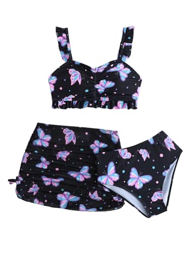 MakeMeChic Girl's 3 Piece Butterfly Print Ruffle Ruched Bikini Set with Drawstring Cover Up Skirt