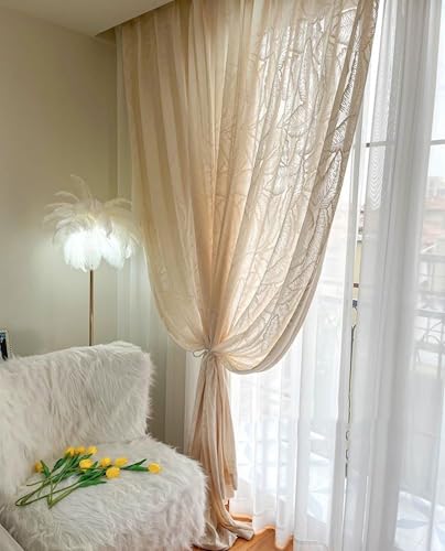 Voilage blanc jacquard haut de gamme 107x229cm avec broderie de feuilles de bananier en relief