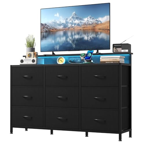 Image of NEWBULIG Wooden Top Media Console for 32-52 inch Dresser TV Stand with 9 Fabric Drawers & Open Shelves, Entertainment Center with LED Lights & Charging Station for Bedroom, Black