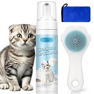Waterless Cat Shampoo with Brush and Cloth, 6.8 FL OZ Cat Shampoo and Conditioner, Cat Dry Shampoo, No Rinse Formula for Quick Clean, Care for Cats and Kittens with Itching & Sensitive Skin