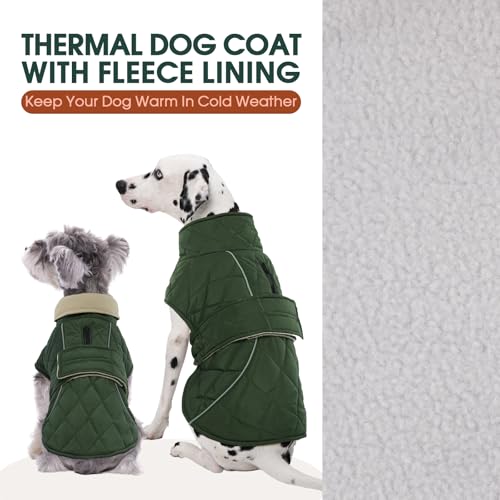 Kuoser Hundejacke Hundemantel für Mittelgroße Große Hunde, Winterjacke Hund Wasserdicht Warm, Verstellbarer Hundemantel mit Fleece und Reißverschluss-Leinenöffnung, L Grün