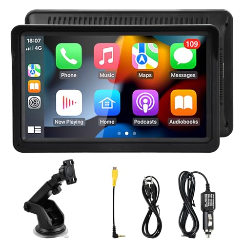 Focenat 7 Pulgadas Portátil Radio Coche,Portátil Pantalla Táctil Reproductor Bluetooth,Radio Coche para Carplay Inalámbrico y Android Auto,con Bluetooth Manos Libres/GPS/AUX/FM Transmisión
