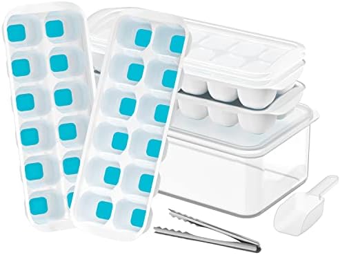 ICEXXP 4 Pack Ice Cube Tray with Lid and Bin, Ice Cube Trays for Freezer with Ice Box, Silicone Ice Trays with Ice Container for Cocktails, Stackable Ice Tray with Storage Ice Bucket, Ice Tong & Scoop