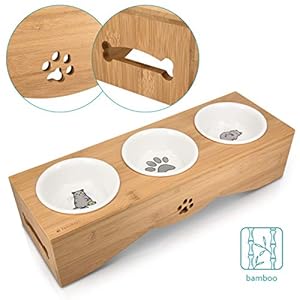 Navaris Cat Bowls with Stand - Elevated Triple Feeder for Cats - Ceramic Pet Bowl Dishes 3-Pcs Set with Printed Designs and Raised Bamboo Wood Holder Navaris Cat Bowls with Stand Elevated Triple Feeder for Cats Ceramic Pet Bowl Dishes 3 Pcs Set with Printed Designs and Raised Bamboo Wood Holder