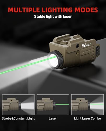 Image of EZshoot 800 Lumens Pistol Light Laser Combo Rechargeable, Pistol Flashlight with Slidable Rail Compatible with Glock and Picatinny Rail, Gun Light with Green Laser Beam, Desert Tan