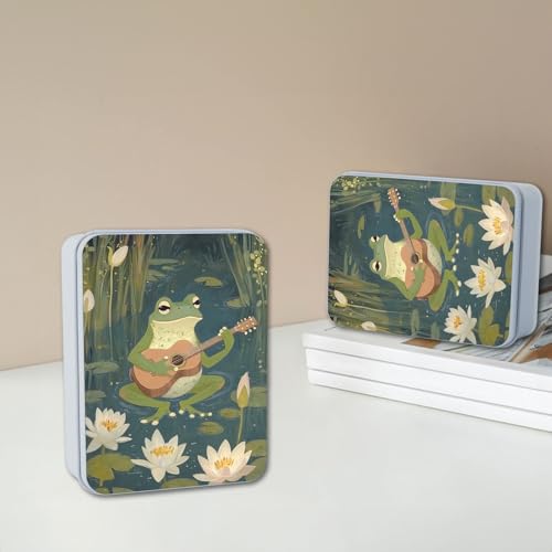 Image of Metal Tin Box with Lid,Multi-functional Storage Large Box Can Store Tea Biscuits Game Cards, Playing & Tarot Cards-Comes with 4 Magnetic Cord Clips,Frog Playing Guitar