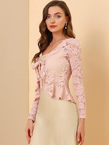 Allegra K Floral Lace Shrug For Women's Tie Front Top Ruffled Hem Office Sheer Crop Bolero Cardigan X-Small Pink #TOP1