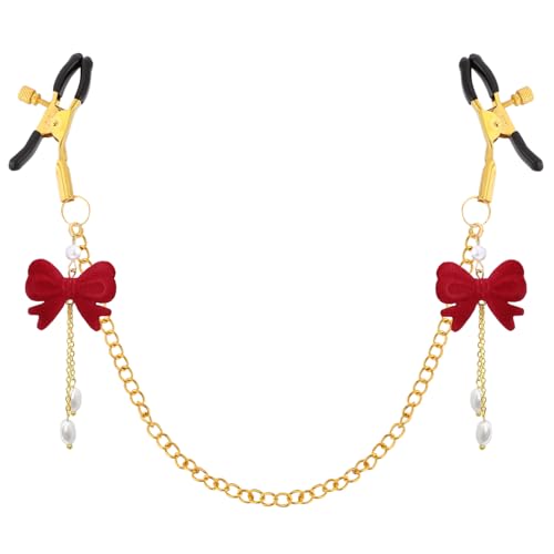 Encanova Red Bow Body Clamp with Chain - Adjustable Body Clips for Women Play Body Jewelry Non-Piercing Metal Body Clips with Gold Chain Bedtime Play Couples Gift