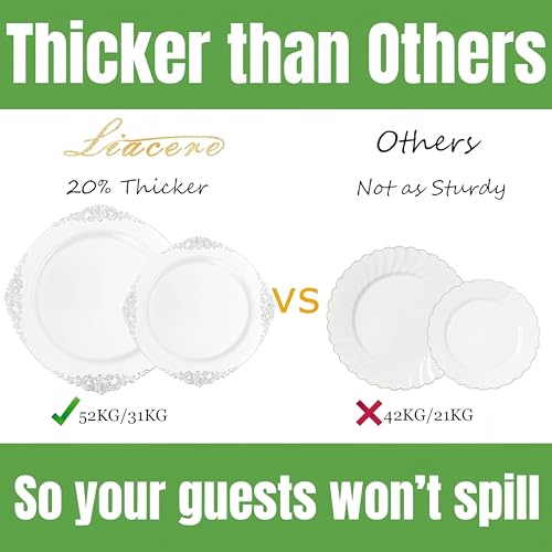 Liacere 350PCS Silver Plastic Plates&Pre Rolled Napkins for 50 Guests - Plastic Dinnerware Sets 100Silver Disposable Plates, 150Silver Silverware, 50Cups and 50Napkins for Wedding