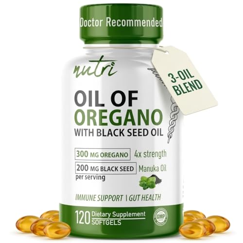 Nutri Oil of Oregano with Black Seed Oil and Manuka Oil Softgels, 505mg Extra Strength Oregano Oil Black Seed Oil Softgels Blend for Immune, Gut and Inflammatory Support Supplements (120 Count)