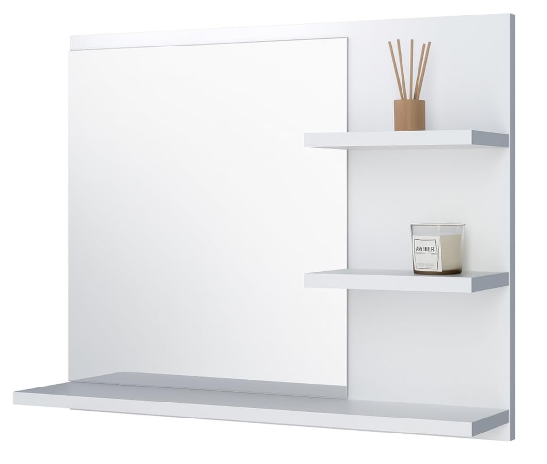 Miroir Salle De Bain LED 60x50 Cm Avec 3 Étagères – Lumière Neutre 4000K, Blanc, Miroir Mural Gain De Place