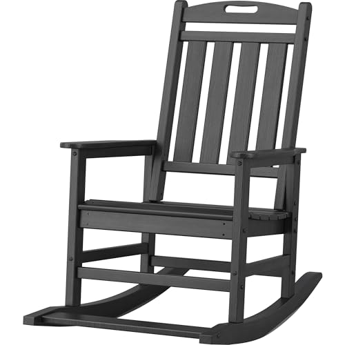 SOMEET Outdoor Rocking Chair - HDPE Patio Rocking Chair with Footboard, High Back Porch Rocker All Weather Outdoor Patio Chairs for Front Porch Rocker Lawn Garden Deck Patio Balcony, Black