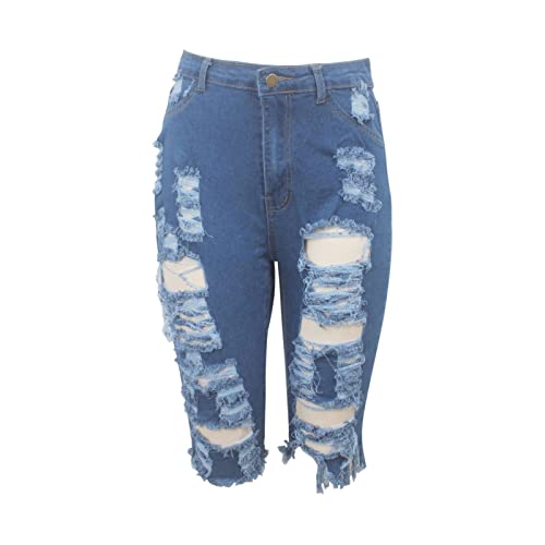 JEKE-DG Women Summer Frayed Ripped Shorts Distressed Denim Jeans Short Knee Length Ripped Stretchy Denim Jean Shorts (Small,Blue)