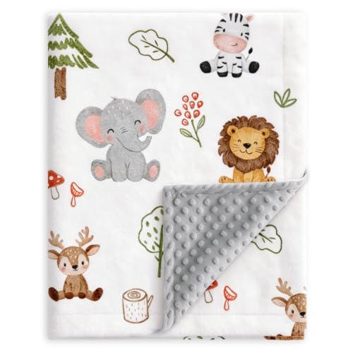 Image of HOMRITAR Animals Baby Blanket for Boys Girls Double Layer Dotted Backing | Soft Cozy Throw Blanket with Woodland Elephant Lion Print for Infant Toddler Nursery Crib Stroller Shower Gift 30 x 40 Inch