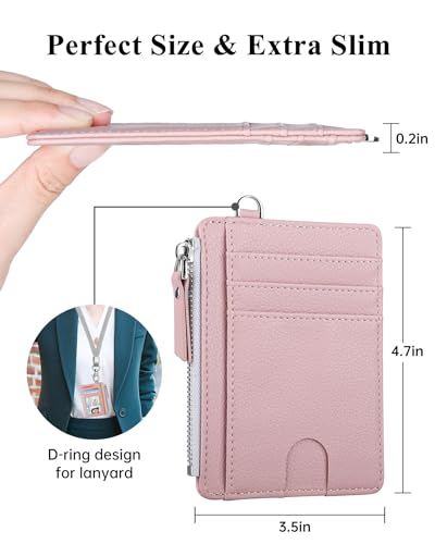 Image of Teskyer Slim RFID Wallet for Women, Small Card Holder with Zip Pocket, Dark Pink, 3.5 inch x 4.7 inch, Minimalist | Zip Pocket for Cash Coin, 1 ID Window & 7 Card Slots, Ultra Slim Design, D-Ring for Neck Lanyard, for Daily Carry and Travel