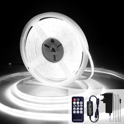 luktix COB LED Strip 10M, 6000K Cool White LED Strips, 24V Dimmable LED Strip Lights, CRI92+,8mm Width, with Remote Control and UKCA Power Supply,for Home Decoration, Kitchen, Mirror